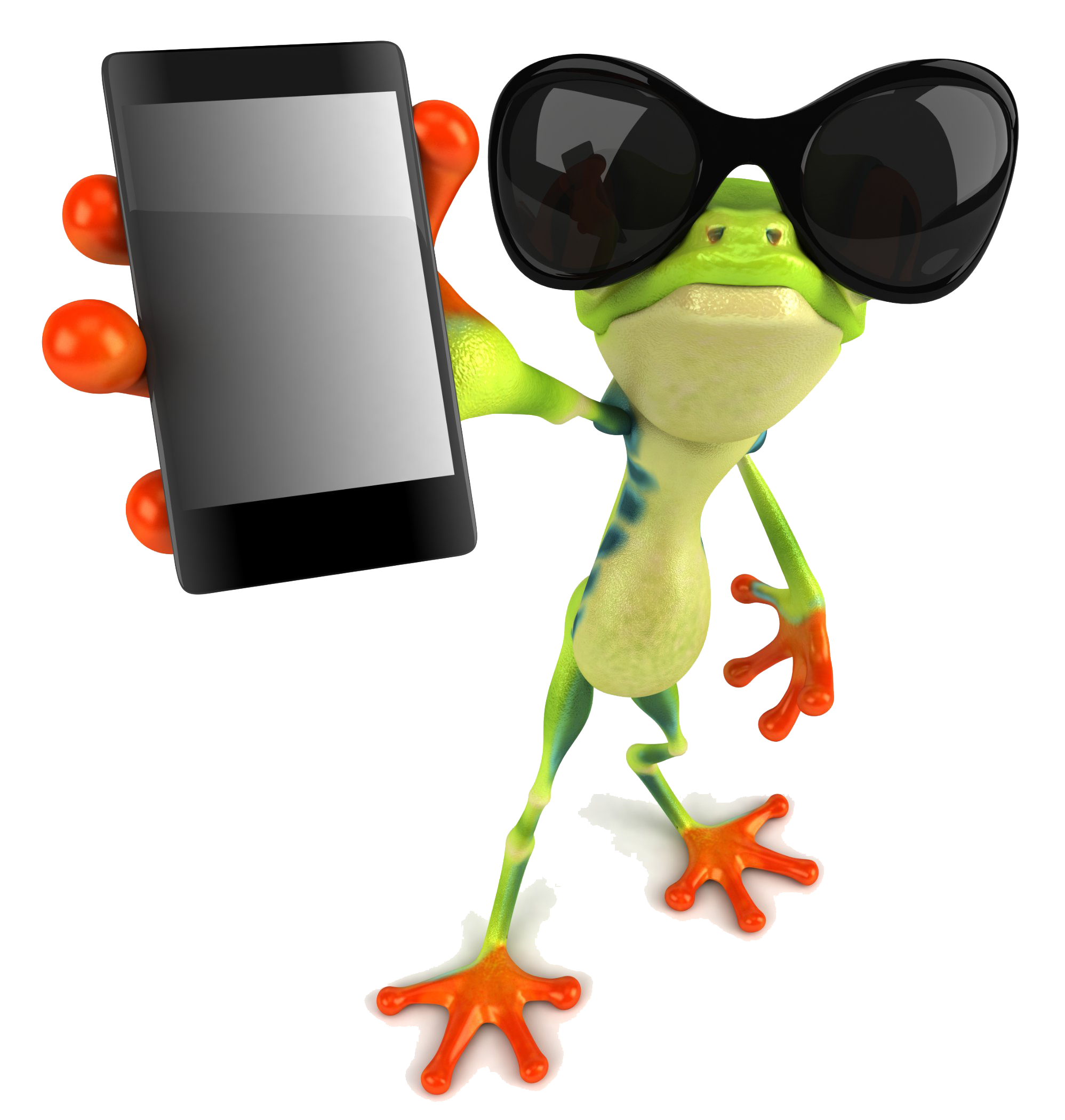 Cartoon frog with sunglasses holding smartphone